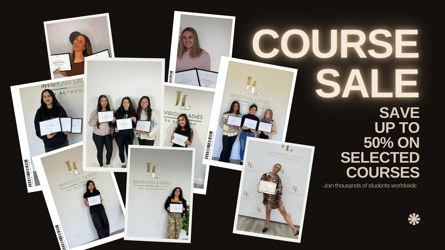 pictures of graduates holding their eyelash extension certifcates after completing their course