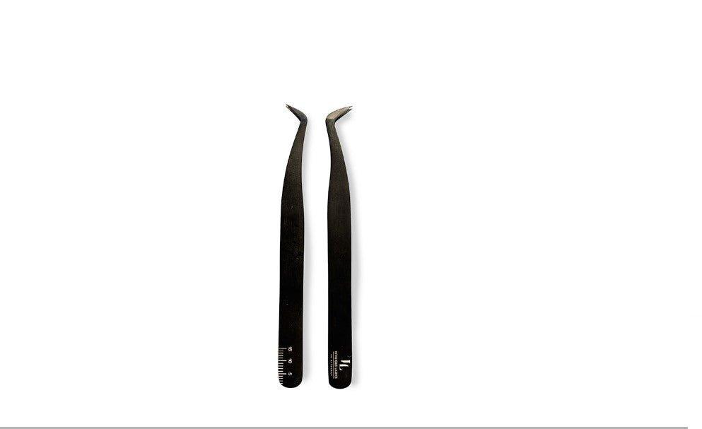 Classic and Russian Volume eyelash extension tweezer with a built-in ruler, showcasing precision tips and measurement markings for accurate lash application.
